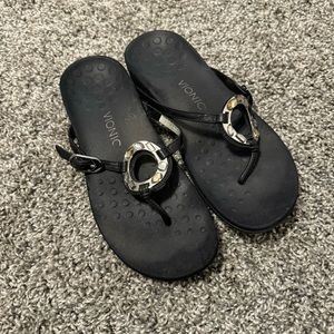 Vionic Black Silver Karina Leather Metallic Slide Slip On Sandals Flip Flops